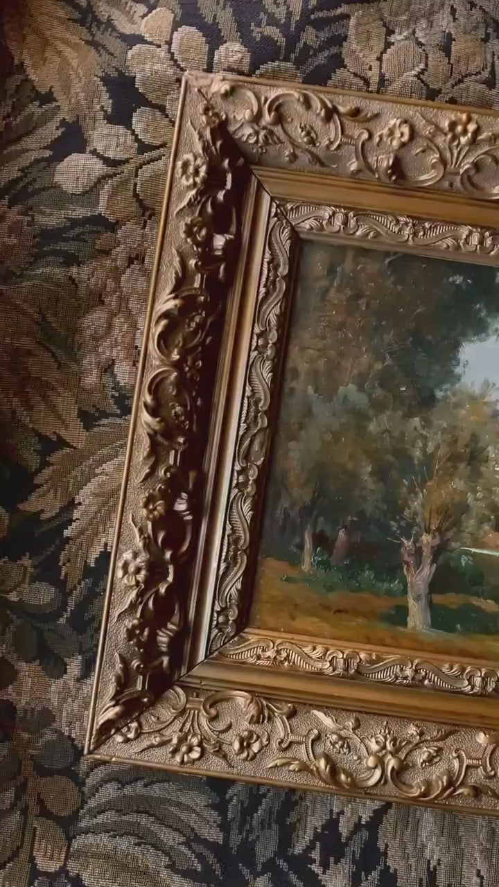 Antique French Impressionist Oil Painting, Port Lesney Burgundy Landscape, 1919, Gilt Frame