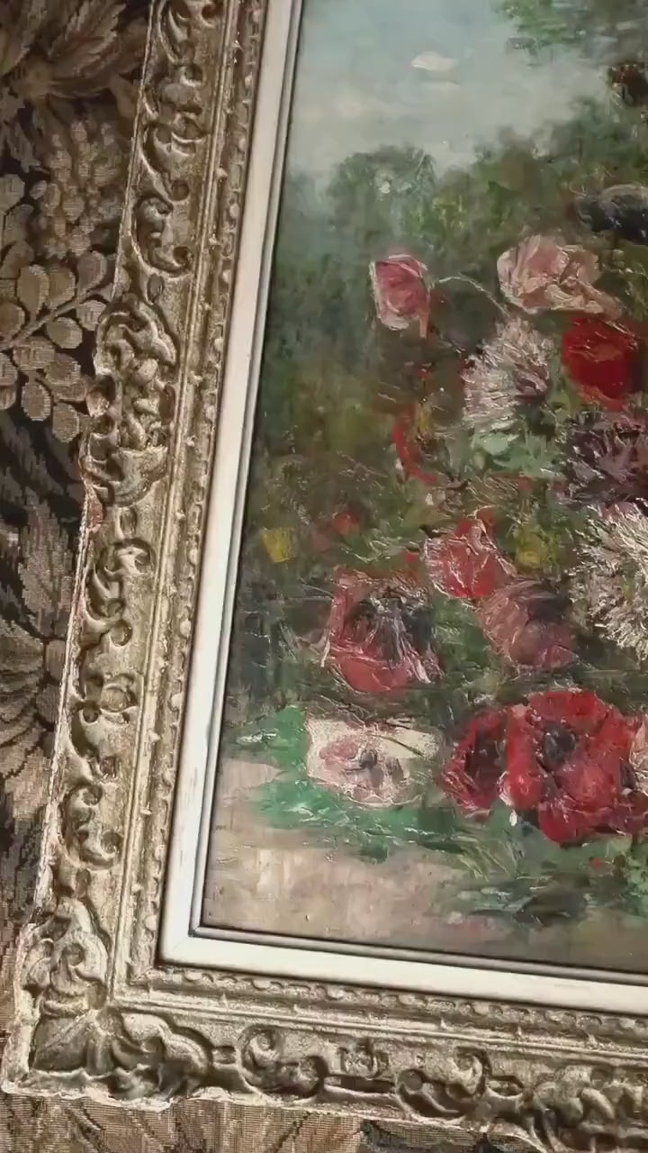Large French Impressionist Floral Painting. Circa 1900. Signed JJ Gabriel. Montparnasse Frame