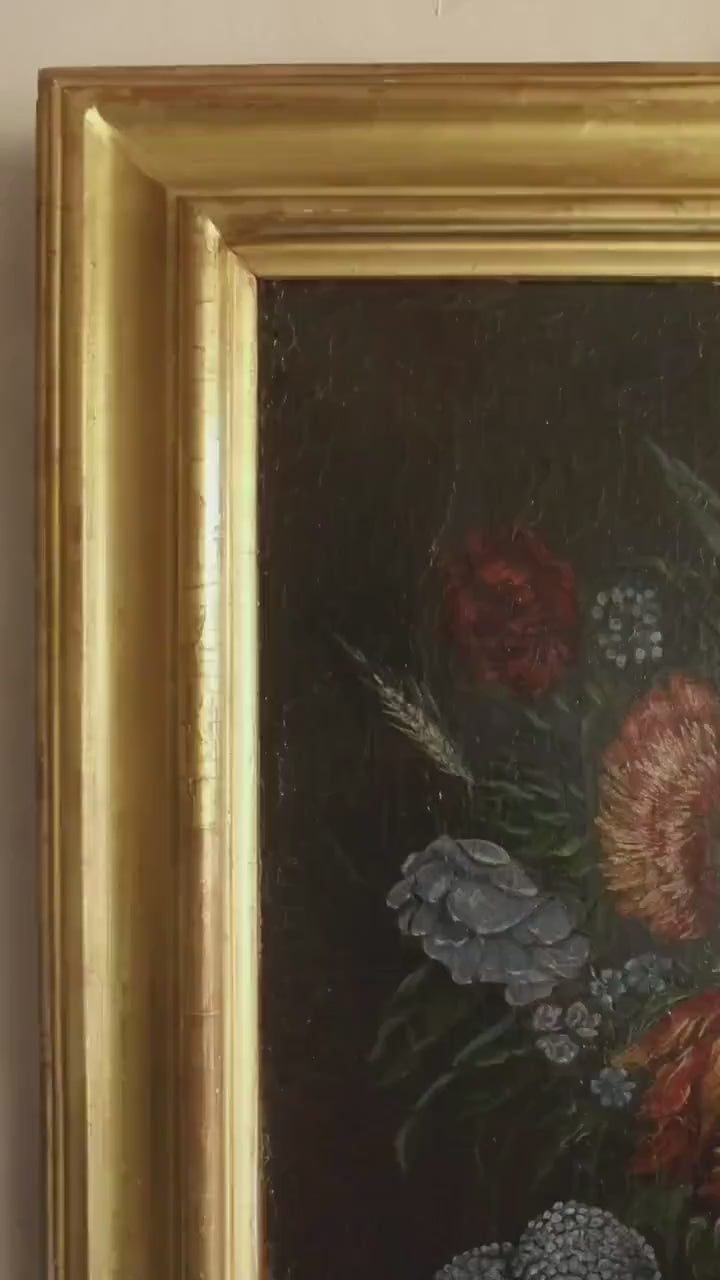 Antique French Floral Oil Painting – Dark Still Life in Gilt Frame