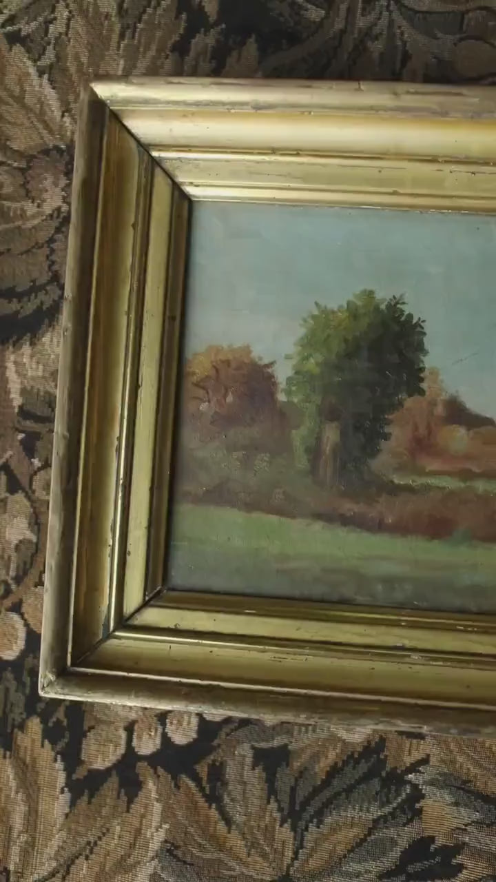 Circa 1900 French Landscape with Country House, Oil Painting in Original Gilt Frame