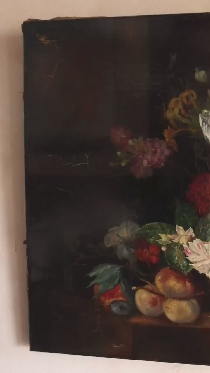 Large French Floral Still Life Oil Painting – Dark and Moody Flowers on Canvas