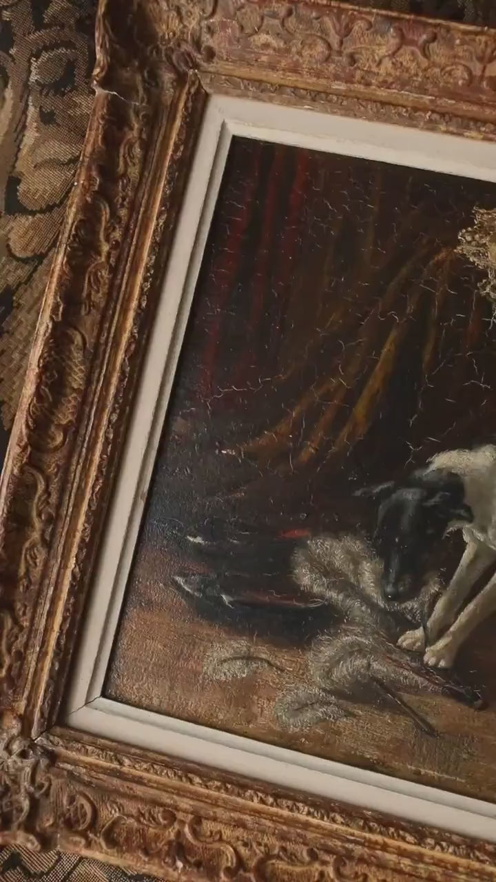 Antique Dog Oil Painting of a Playing Terrier Dog by Dutch Female Artist Anna Maria Kruijff (1870-1946)