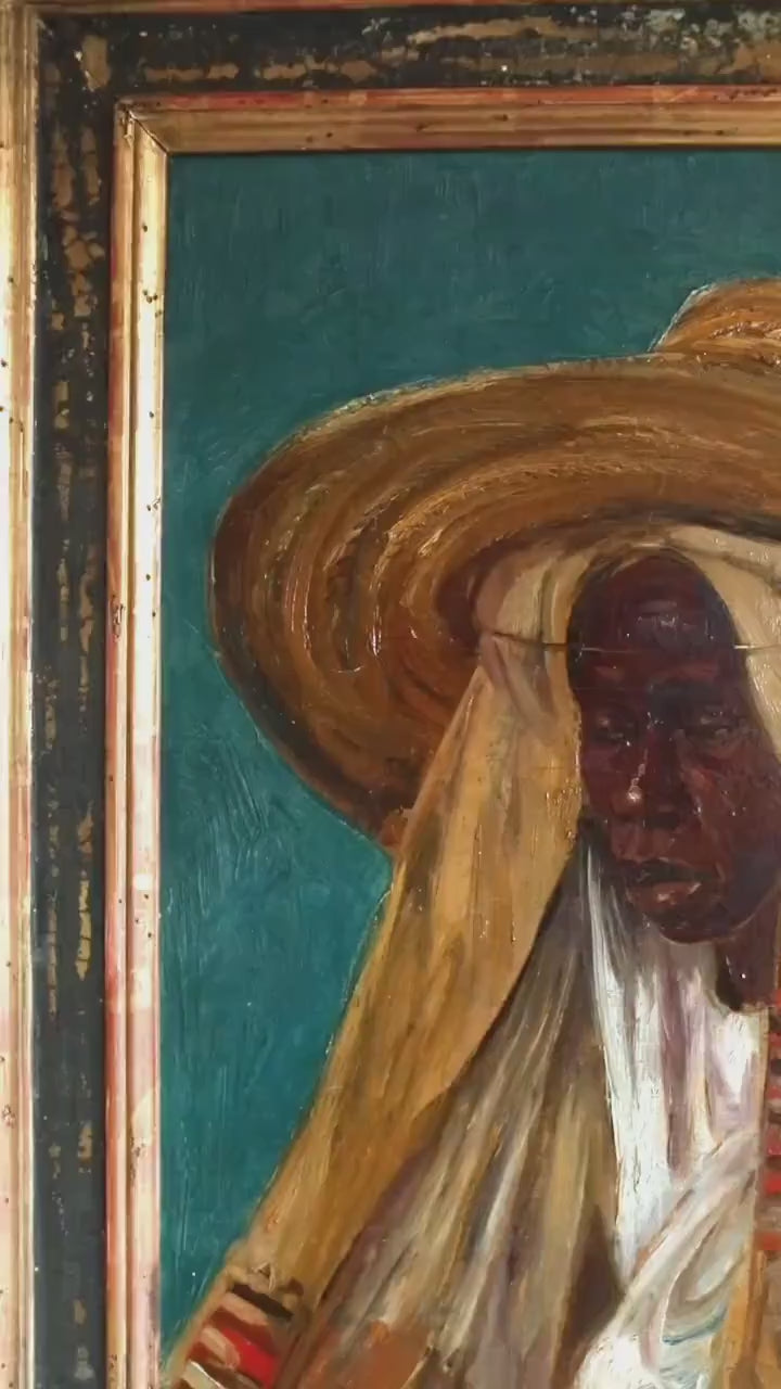 Antique Orientalist Portrait – North African Figure in Traditional Clothing, Large Painting in Gold Frame