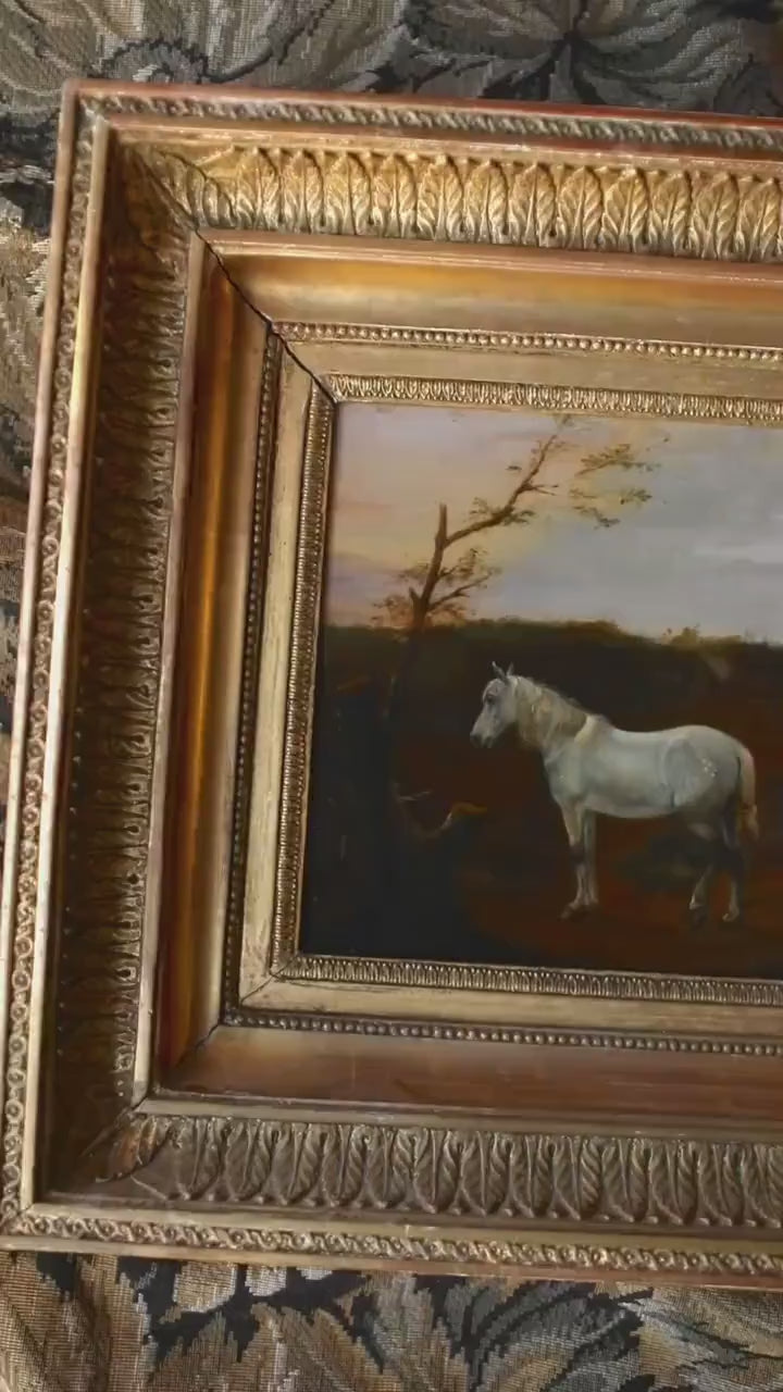 Antique Horse Landscape Oil Painting – 19th Century Equestrian Landscape in Gold Framed
