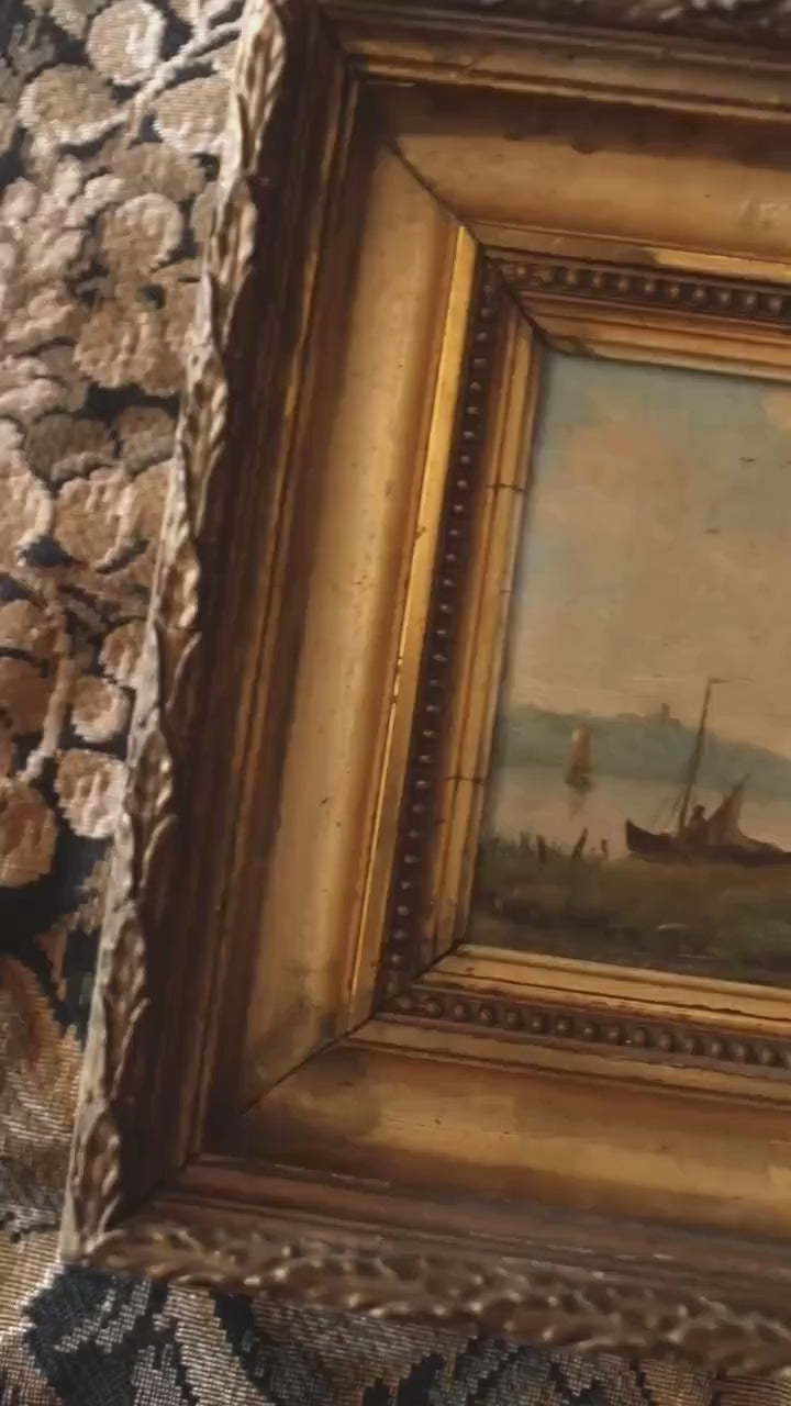Antique French Ruin Landscape Oil Painting, 19th C., Gold Frame