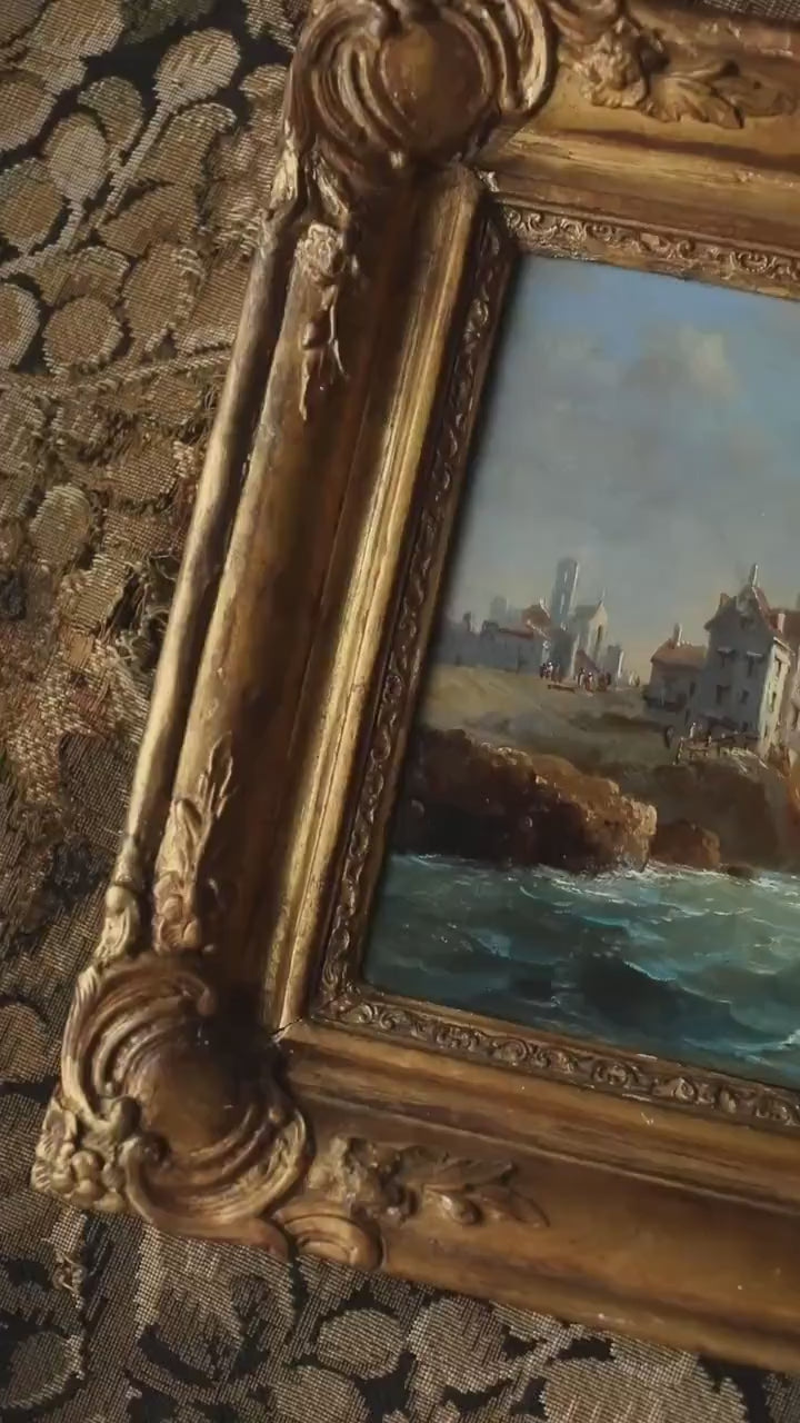 Antique Marine Oil Painting – 19th Century Coastal Seascape with Ships, Gold Framed