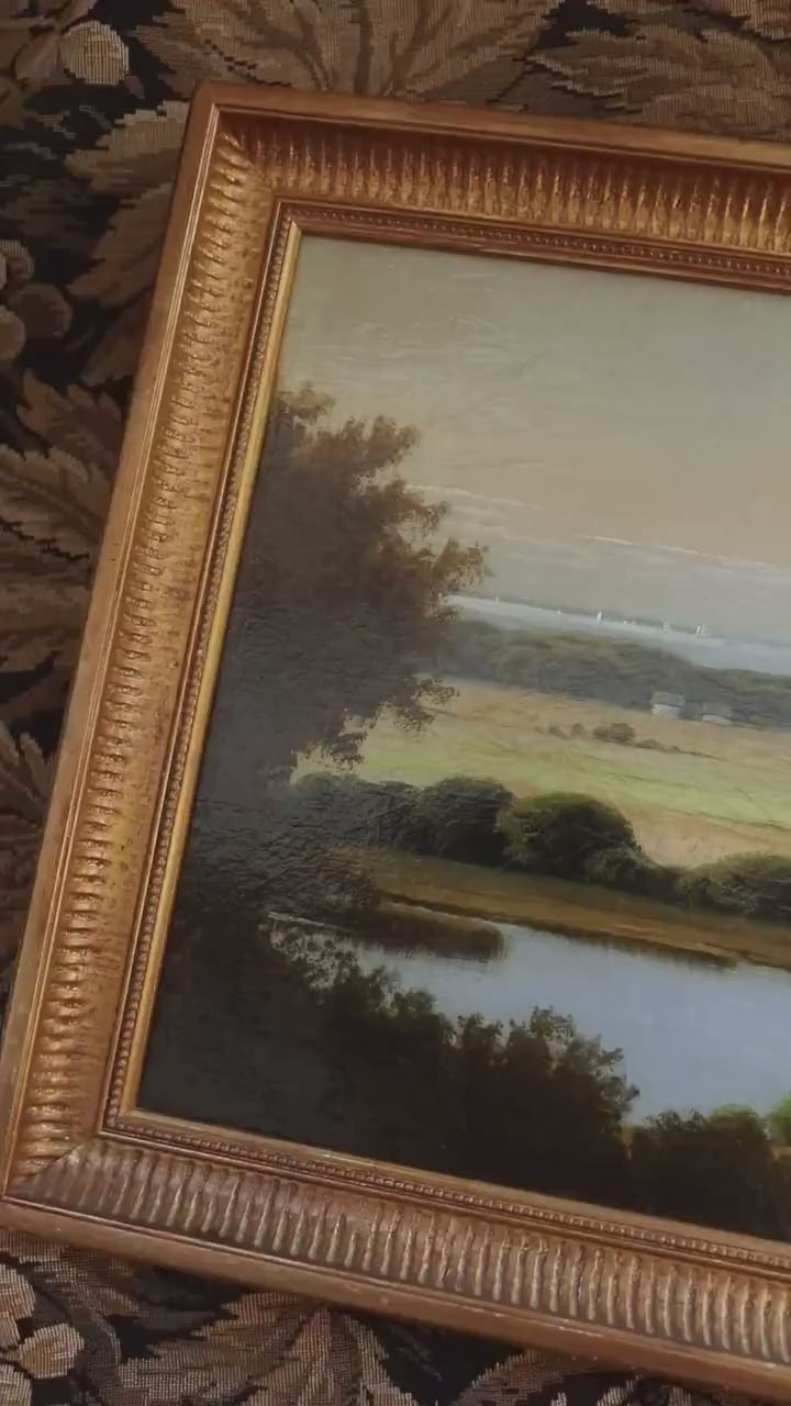 Antique 19th Century French Landscape Oil Painting, Romantic Pastoral Lake View in Gilt Frame
