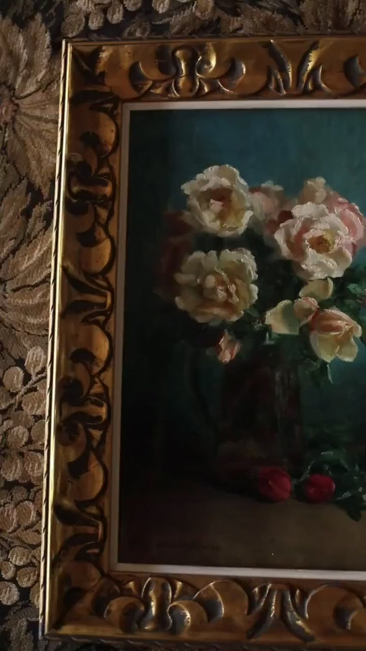 Antique Roses Flower Still Life Oil Painting, Signed and Gold Framed
