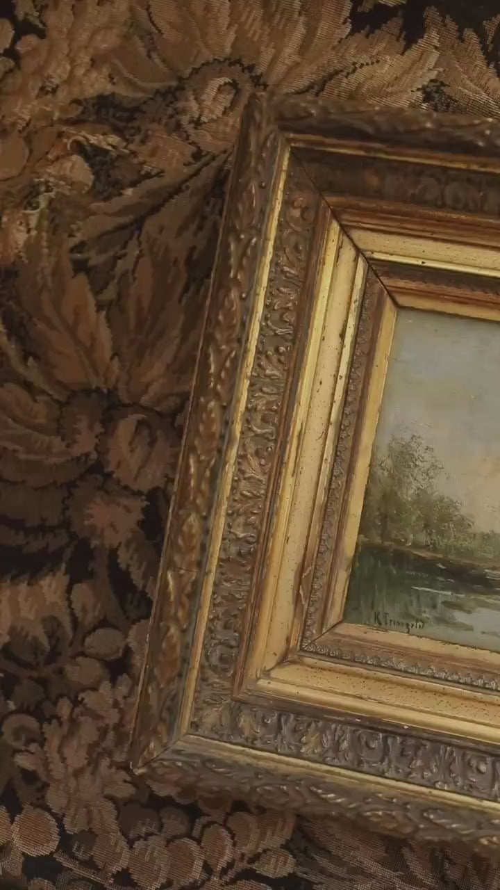 Antique French River Landscape Oil Painting in Ornate Gilt Frame, Barbizon Style Countryside Scene