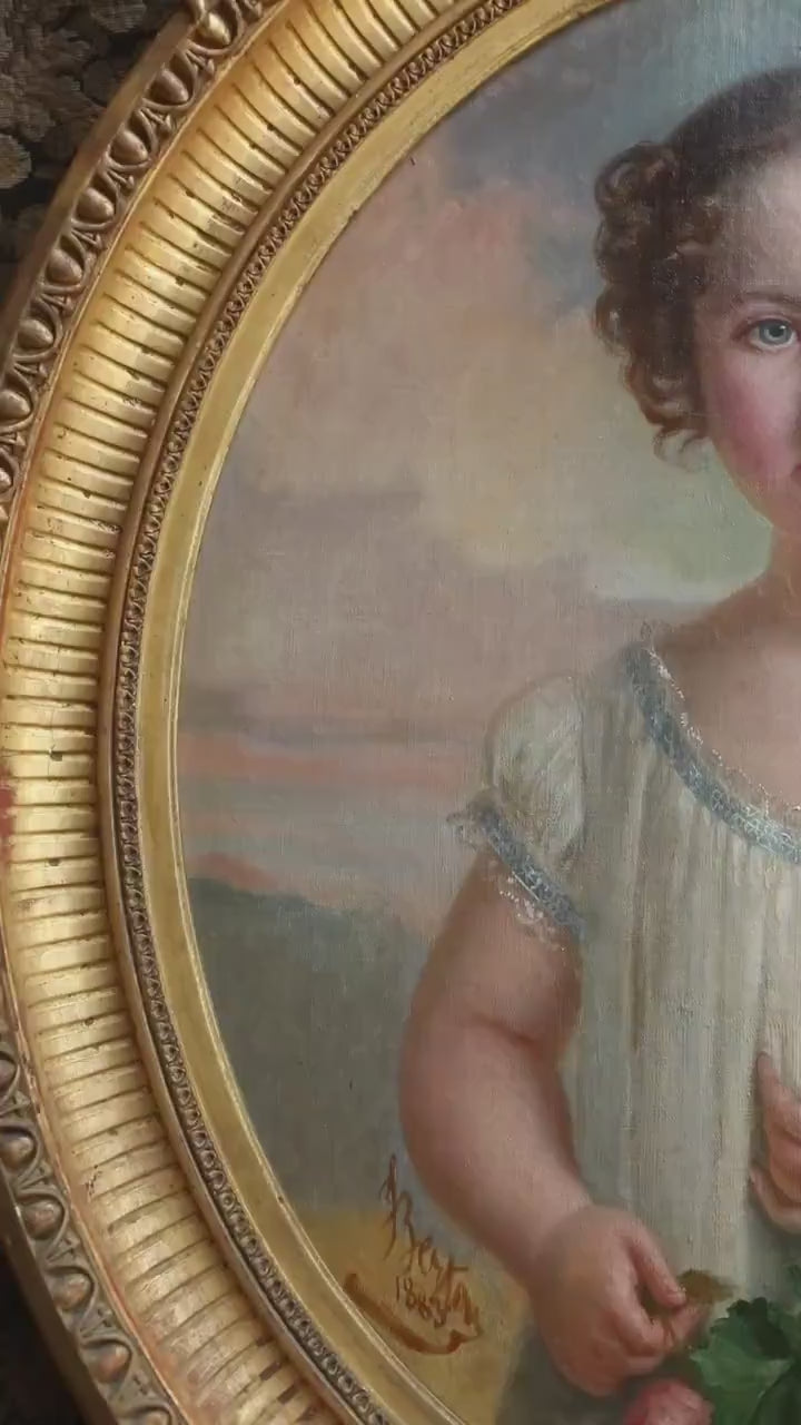 1883 Antique French Portrait of a Young Girl – Signed Oil Painting in Ornate Oval Gilt Frame