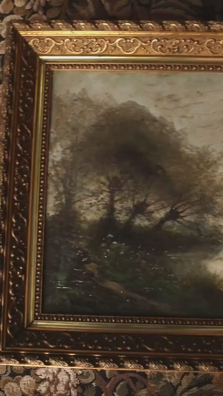 Antique Landscape Oil Painting – 19th Century Barbizon River and Woodland Scene, Gold Framed