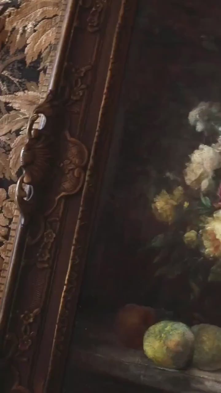 Antique Floral Oil Painting – Dated 1902 French Moody Impressionist Still Life in, Framed