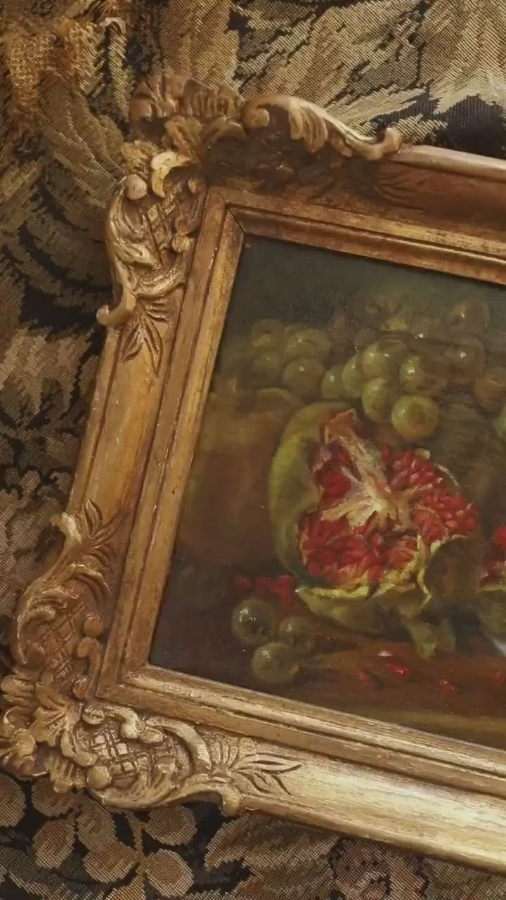 Moody Antique Still Life Painting, Pomegranate & Grape Oil Painting, Gold Framed Kitchen Decor