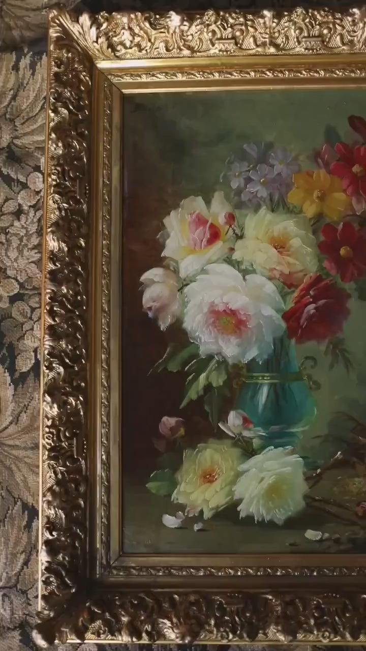 Circa 1900 French Floral Still Life of Roses, Oil Painting in Ornate Gilt Frame