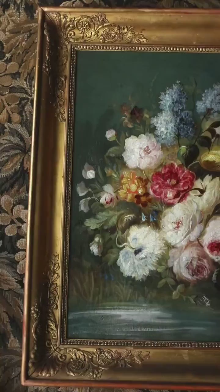 Antique French Floral Still Life – 19th Century Bouquet Oil Painting in Gold Frame