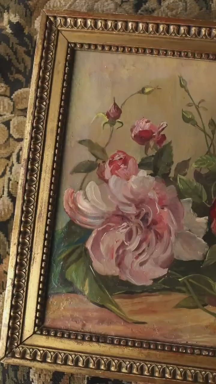 Antique French Floral Oil Painting – Pink Peonies Still Life in Gold Frame
